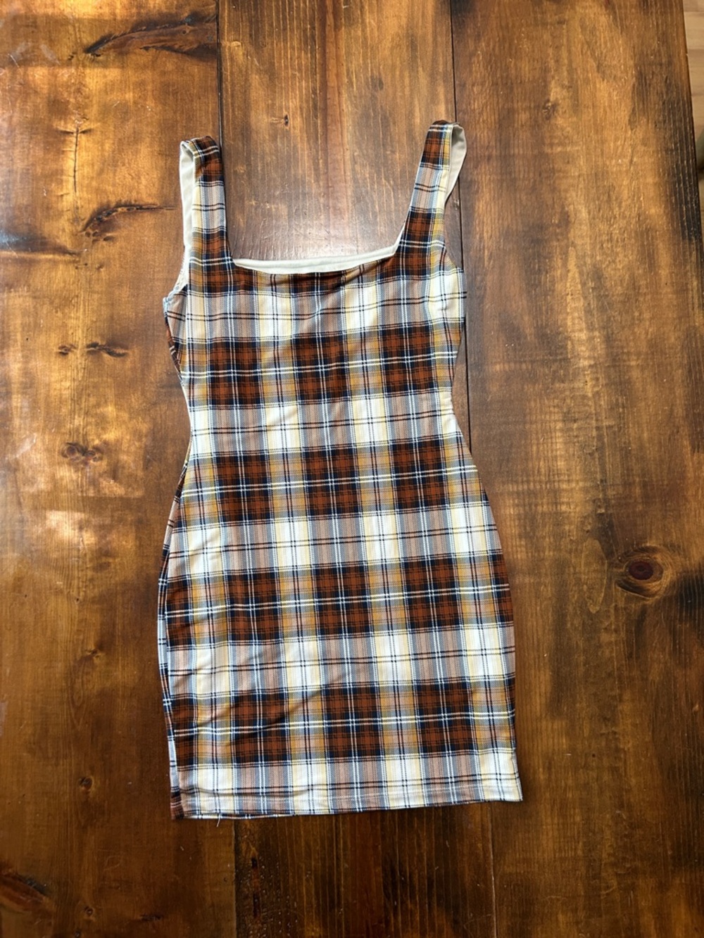 Plaid Square-Neck Bodycon Mini Dress in Brown and Cream Womens Medium